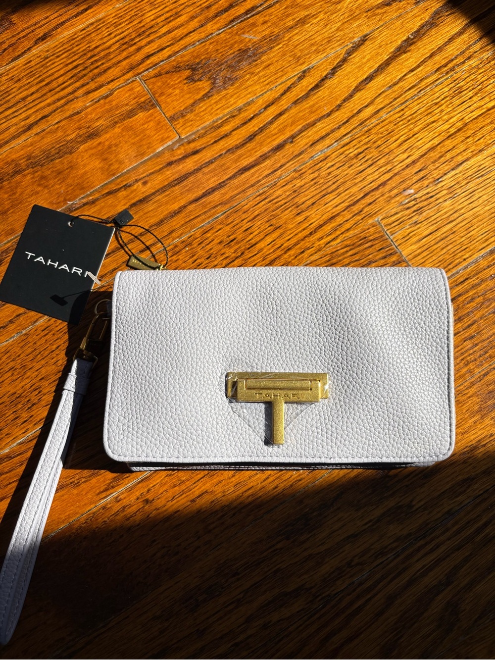 Tahari Purple Pebbled Leather Wristlet with Gold T-Clasp